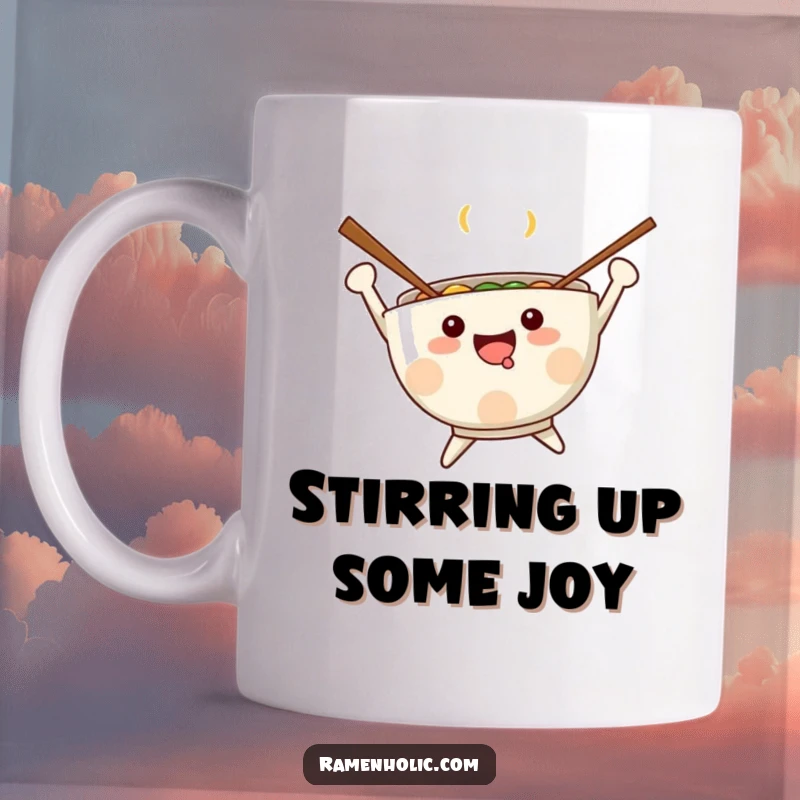 Funny Kawaii ramen bowl with chopsticks for arms, jumping joyfully with noodles flying, celebrating a delicious meal, great gift.