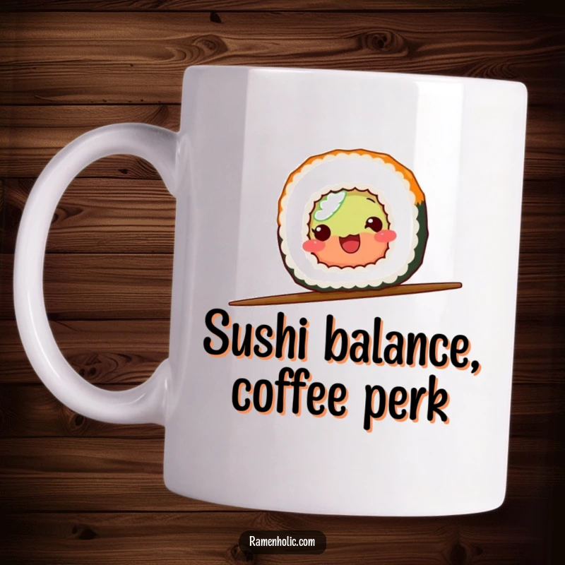 Funny smiling sushi roll character balancing precariously on a single chopstick, depicted on a mug for food lovers.