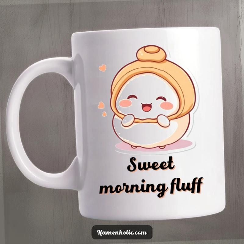 Funny mug featuring an anthropomorphic steamed bun character blushing deeply and giggling shyly, radiating sweetness and innocent joy.