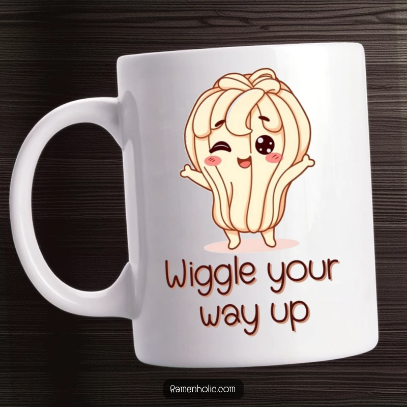 Funny udon noodle mug, a happy character doing a wiggly jiggle, showcasing pure joy and delicious, flexible fun.