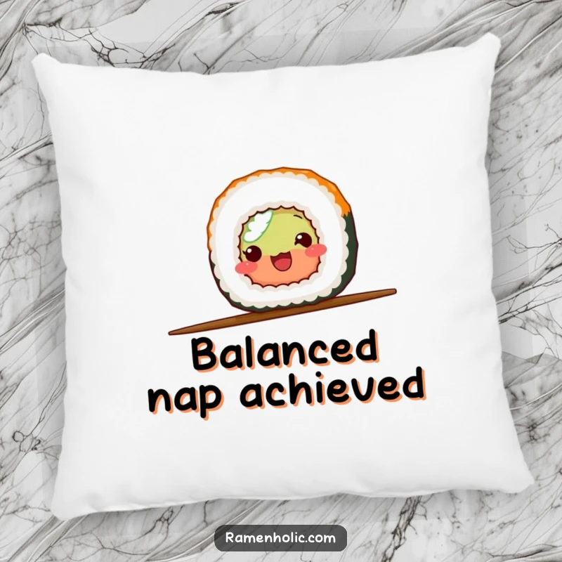 Funny sushi roll balancing on a chopstick, depicted on a soft and comfortable pillow for relaxing moments.