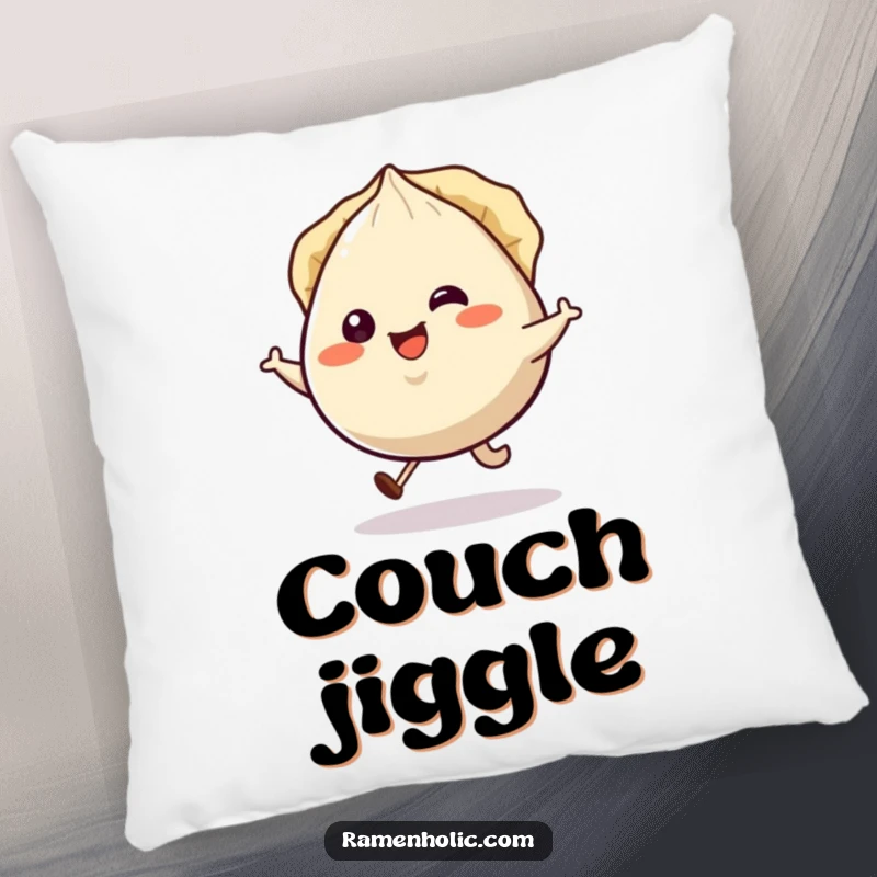 Funny smiling gyoza character hopping happily, pleats jiggling, printed on a soft decorative pillow.