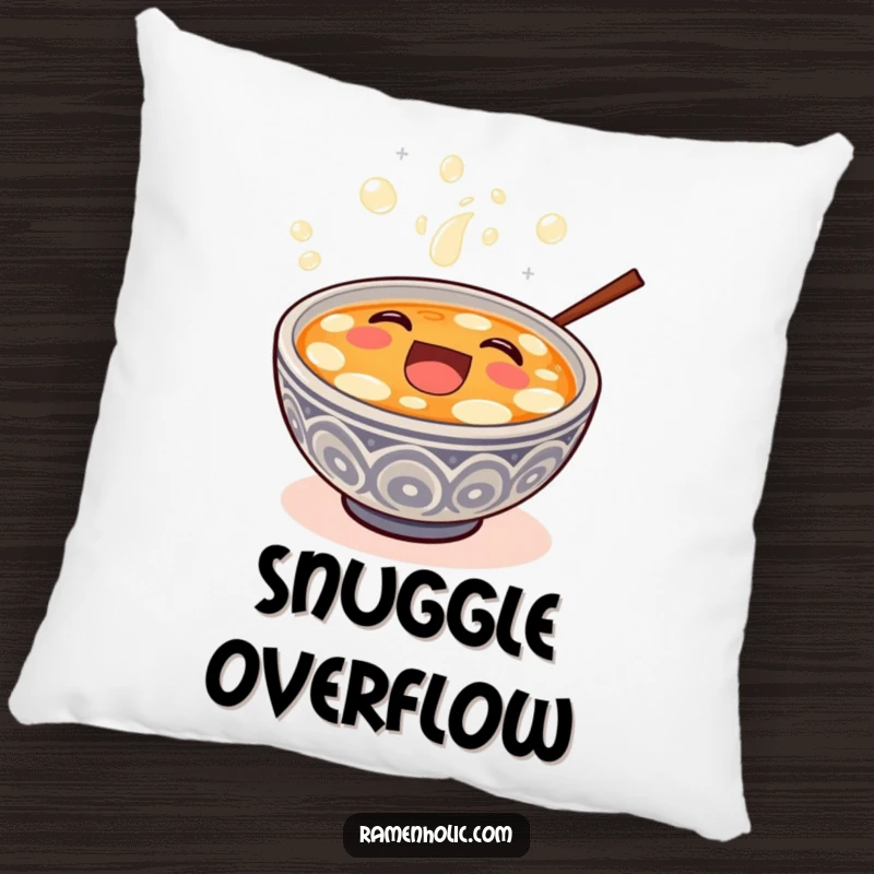 Funny happy miso soup bowl overflowing with bubbly laughter, printed on a decorative pillow.