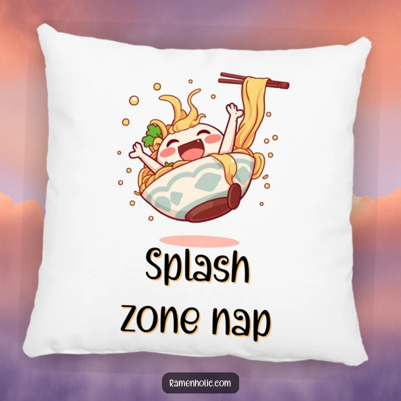 Funny ramen bowl character doing a happy somersault, broth splashing, printed on a soft, decorative pillow.