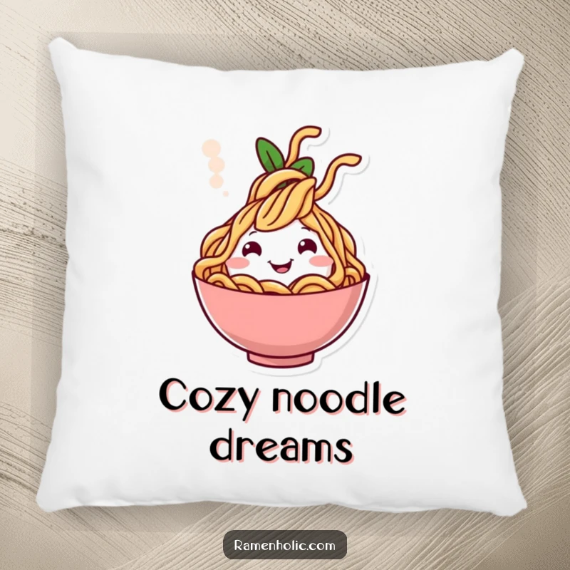 Funny pillow featuring a happy noodle character emerging from steam, offering comfort and culinary delight.