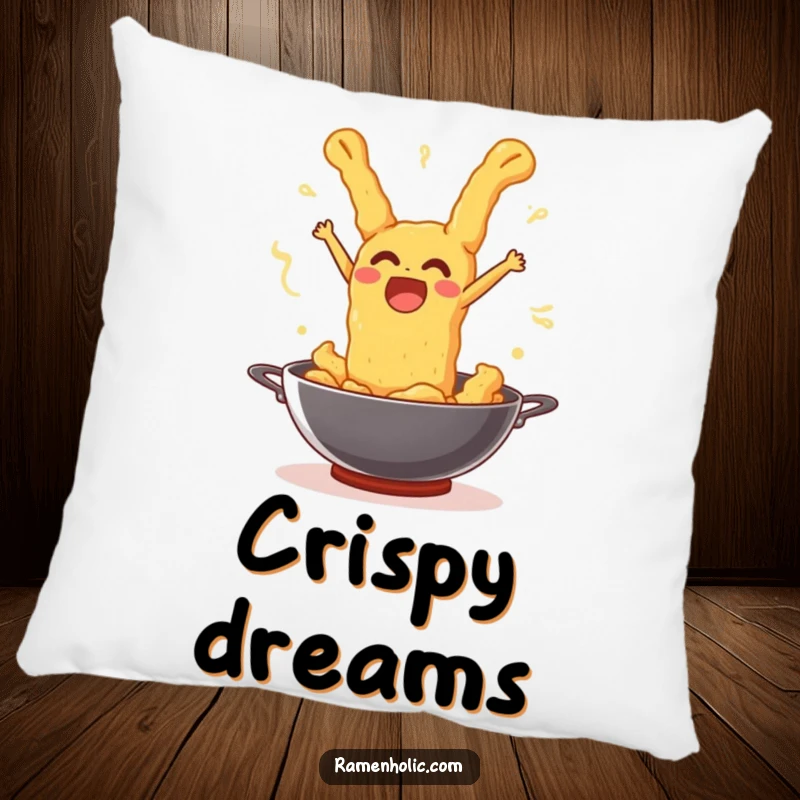 Funny tempura piece leaping joyfully out of a wok, printed on a decorative, soft pillow.