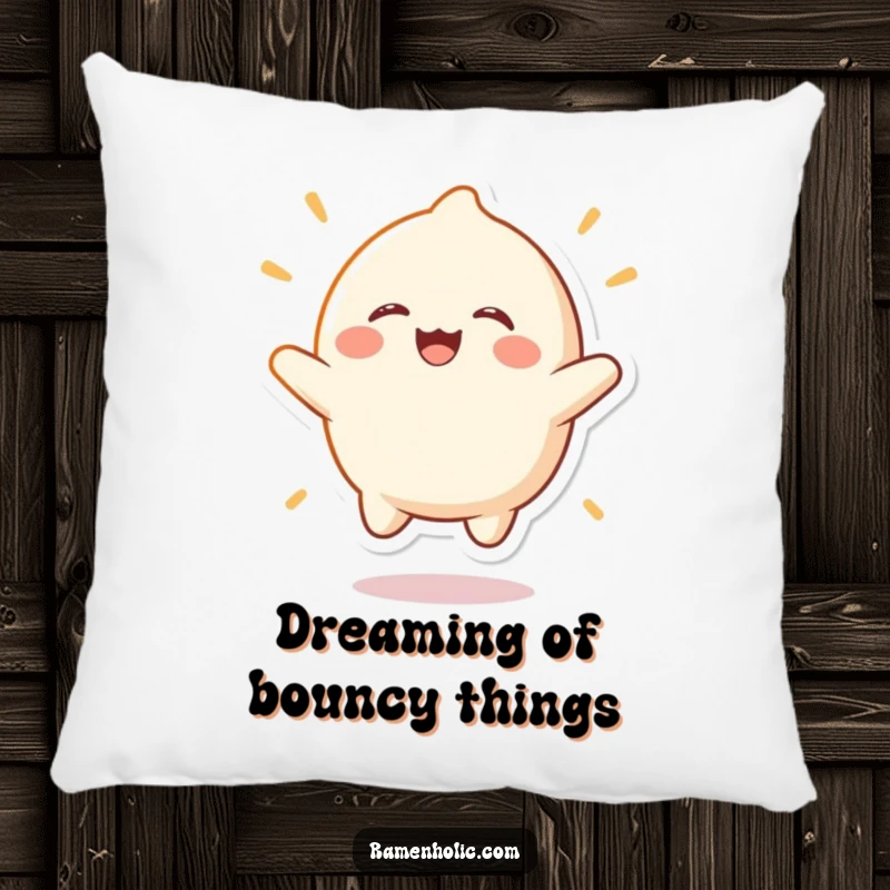 Funny mochi character pillow, captured in a cheerful bounce with a wide, laughing expression, offering soft comfort and playful decor.
