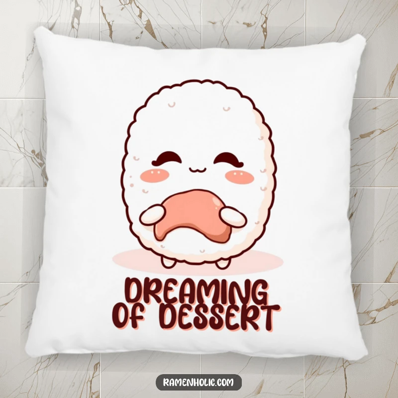 Funny Kawaii Rice Ball Pillow showing a blushing character happily receiving a sweet treat, soft and decorative.
