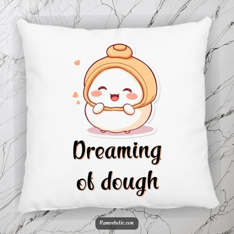 Funny pillow showcasing a blushing, giggling steamed bun character, offering plush comfort and a dose of adorable amusement.