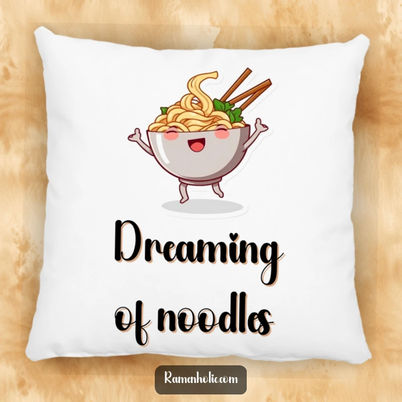 Funny pillow featuring a smiling bowl of noodles dancing with chopsticks as arms, providing soft cartoon comfort and a touch of humor.