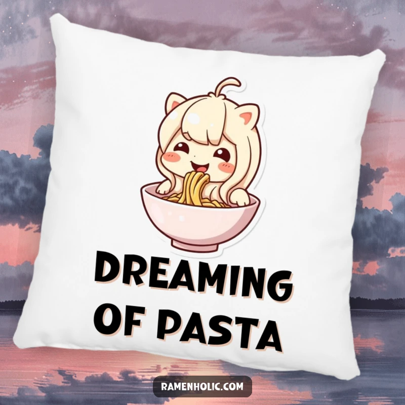 Funny noodle character pillow, depicted in a happy slurping pose, making it a soft and humorous accent piece.