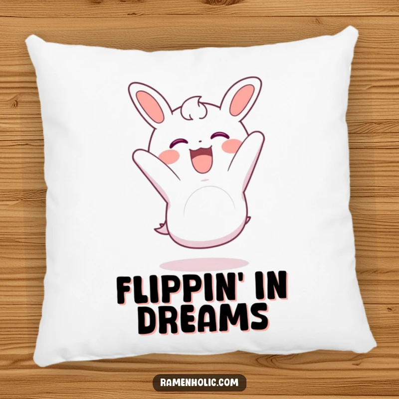 Funny nori pillow with a piece of seaweed doing a somersault with glee, offering plush comfort.