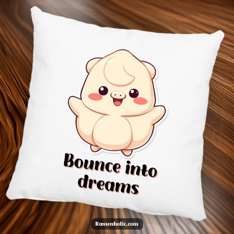 Funny pillow designed as a bouncing dumpling with a huge cheerful grin, offering comfort and cartoon-inspired joy.