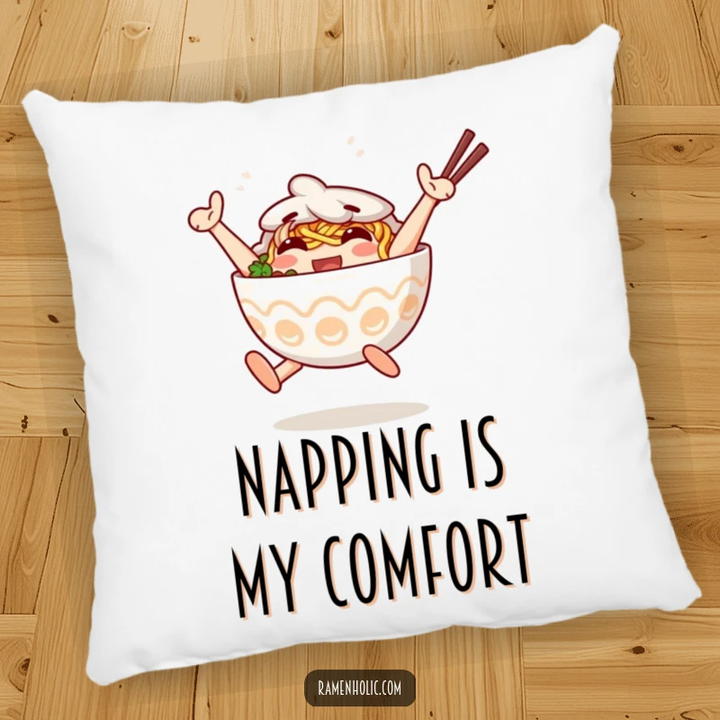 Funny Pillow depicting an anthropomorphic ramen bowl character jumping with joy. Perfect funny gift.