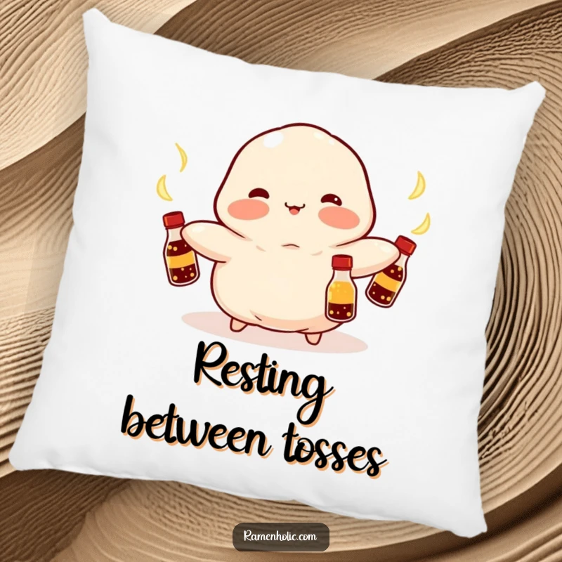 Funny Kawaii dumpling with rosy cheeks, juggling soy sauce bottles, soft and huggable, vibrant and cute, excellent funny gift.