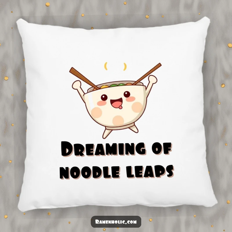 Funny Kawaii ramen bowl with chopsticks for arms, smiling and jumping, plush comfort, vibrant colors, a delightful decorative item, excellent funny gift.