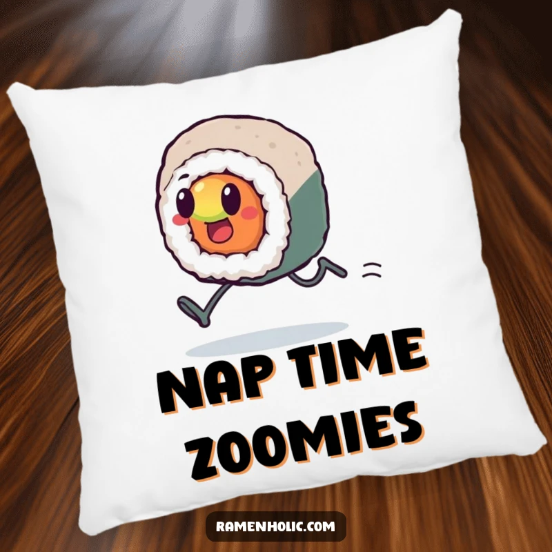 Funny Kawaii sushi roll with tiny legs, sprinting with extreme effort, looking tired but resolute, soft and cuddly, excellent funny gift.