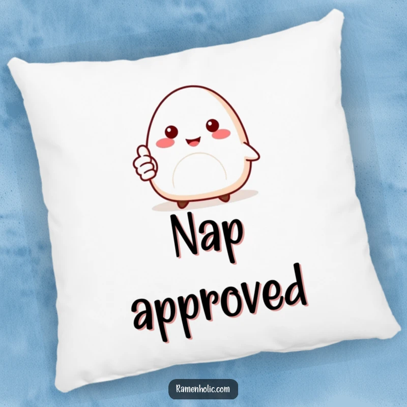 Funny pillow designed as a smiling onigiri character giving a thumbs up, offering comfort and cartoon-inspired positivity.