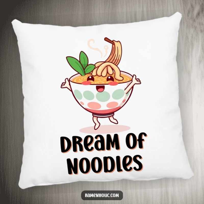 Funny pillow with a cheerful ramen bowl character dancing, steam swirling, soft and plush, bringing cozy comfort.