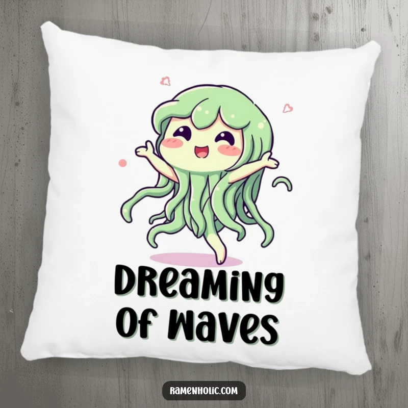 Funny pillow featuring a happy seaweed character dancing with a swish, offering comfort and a cheerful aquatic accent.