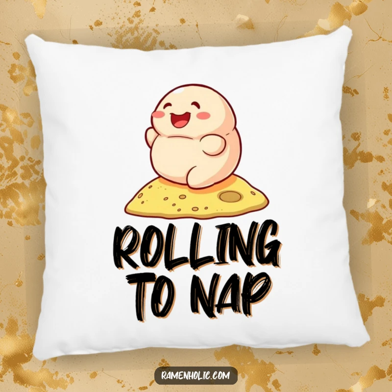 Funny pillow featuring a happy dumpling rolling down a hill with delight, ideal for cozy and humorous decor.