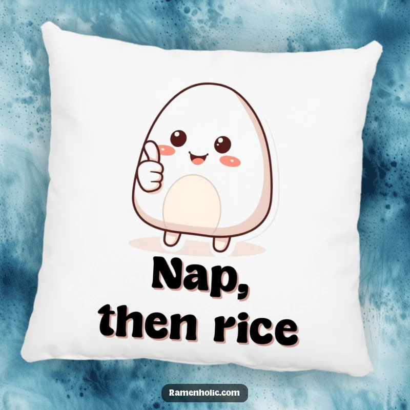 Funny pillow with a smiling onigiri character giving a thumbs up, designed to bring comfort, joy, and a positive foodie vibe.