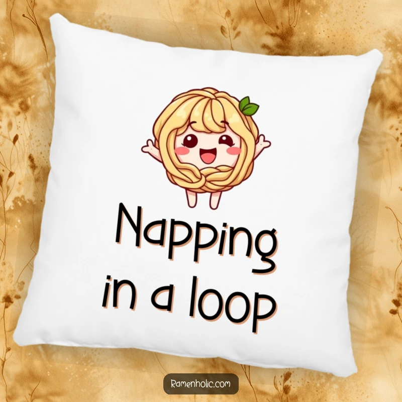Funny Soba Noodle Pillow: A soft pillow depicting a playful soba noodle character forming a happy loop, offering comfort and charm.