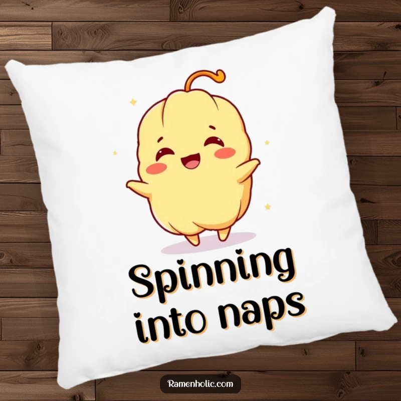 Funny pillow designed as a spinning tempura character with a joyful expression, offering comfort and cartoon-inspired fun.