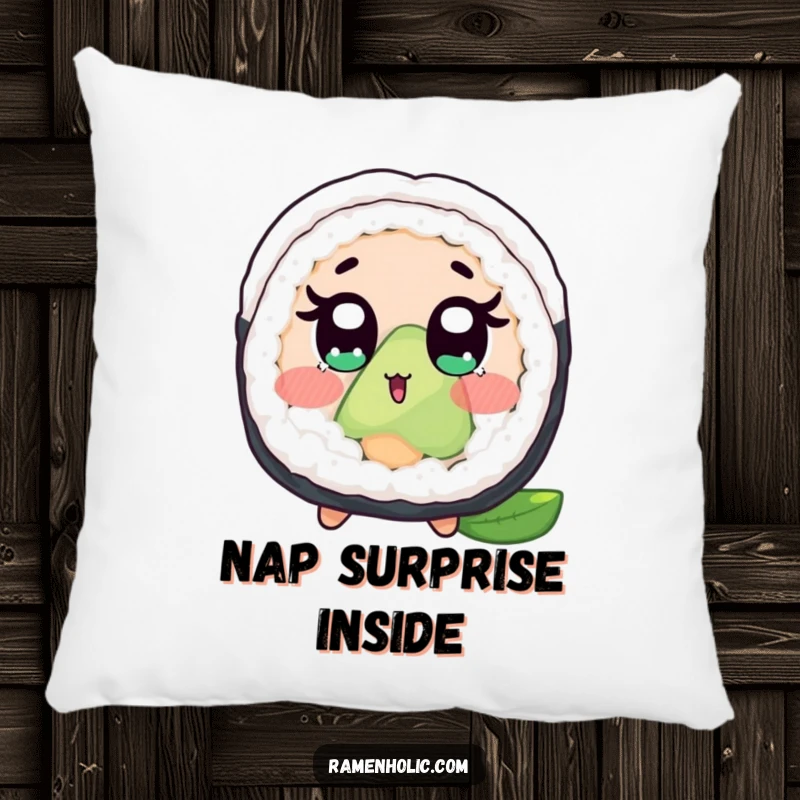 Funny pillow featuring a surprised sushi roll with wide eyes and a blush, offering comfort and a humorous decorative element.