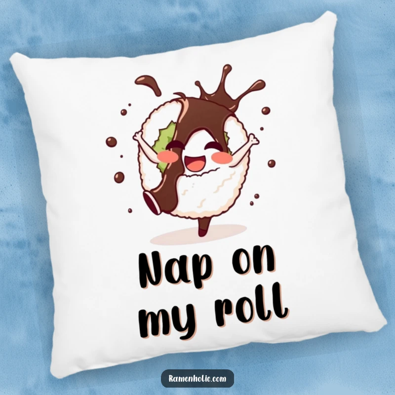 Funny pillow featuring a cheerful sushi roll doing a cartwheel with soy sauce splashes, providing soft cartoon comfort and humor.