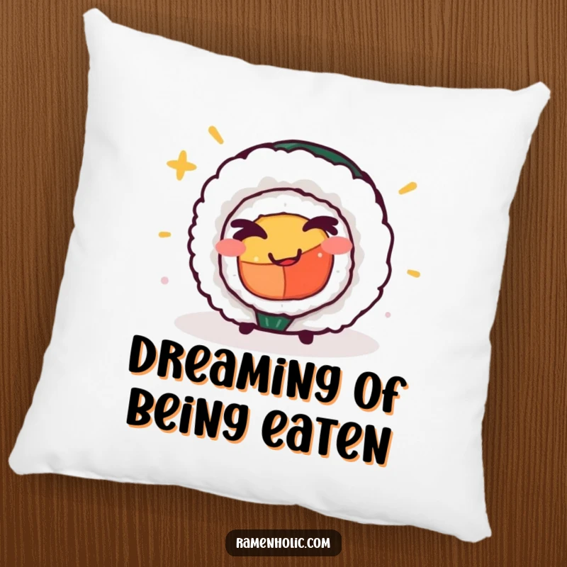 Funny sushi roll pillow, a soft and plush cushion featuring a winking character, perfect for adding comfort and humor.
