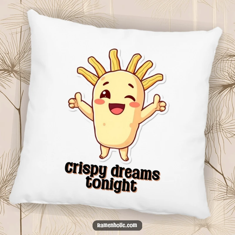 Funny tempura pillow, a smiling character in a triumphant pose with crispy extensions, offering comfort and foodie humor.