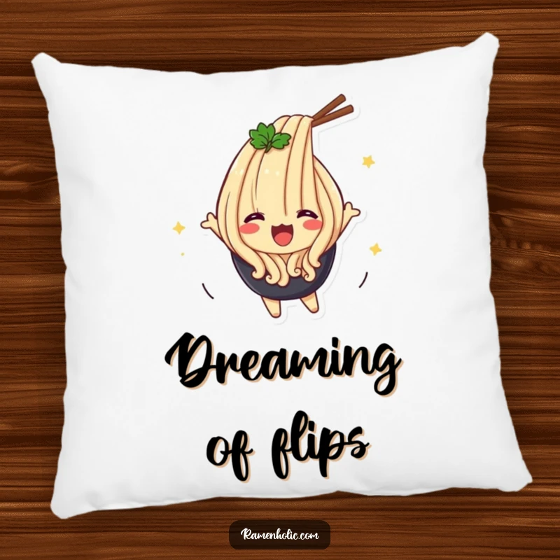 Funny Udon Flip Pillow featuring a cute udon noodle character joyfully flipping, perfect for adding softness and humor.