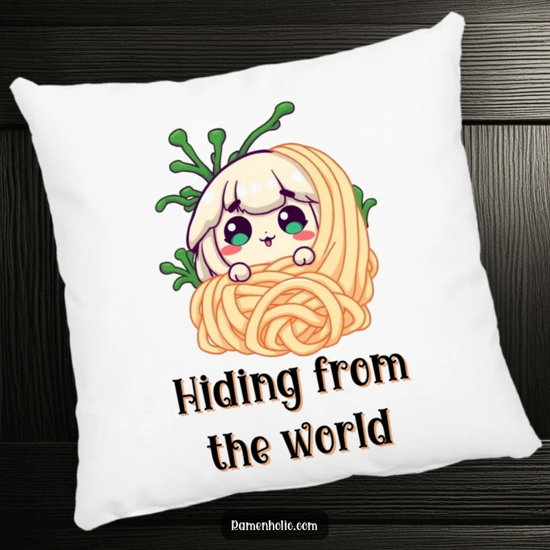 Funny surprised seaweed character hiding behind a noodle on a soft pillow, offering comfort and a comical food design.