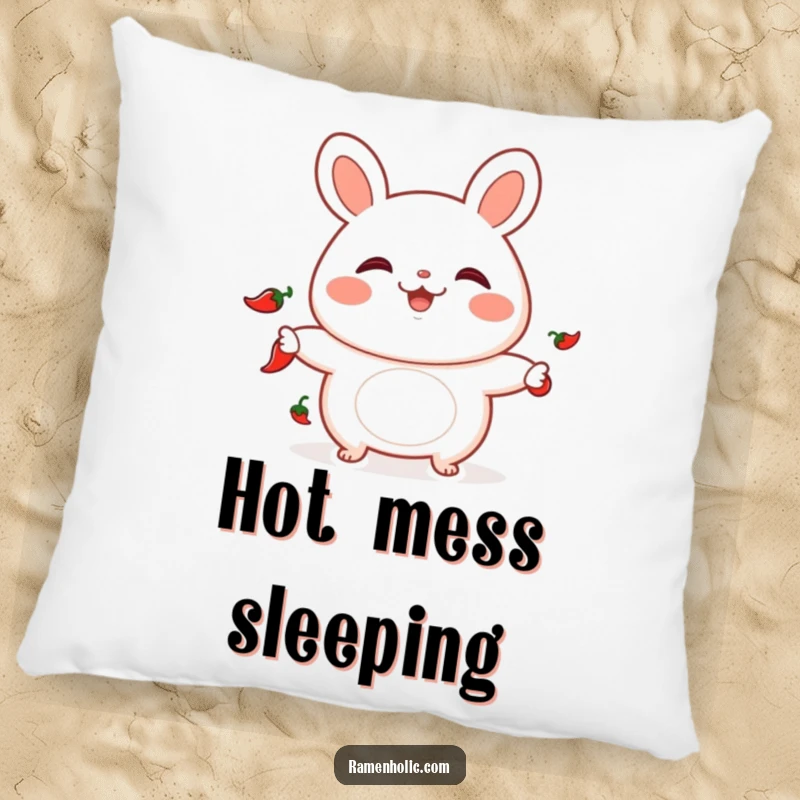 Funny pillow featuring a playful bao bun juggling chili peppers, ideal for cozy and humorous decor.