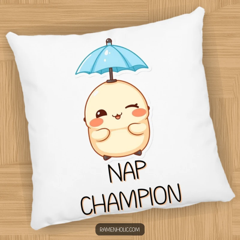 Funny cheeky dumpling winking while balancing a tiny umbrella on its head, on a decorative pillow.