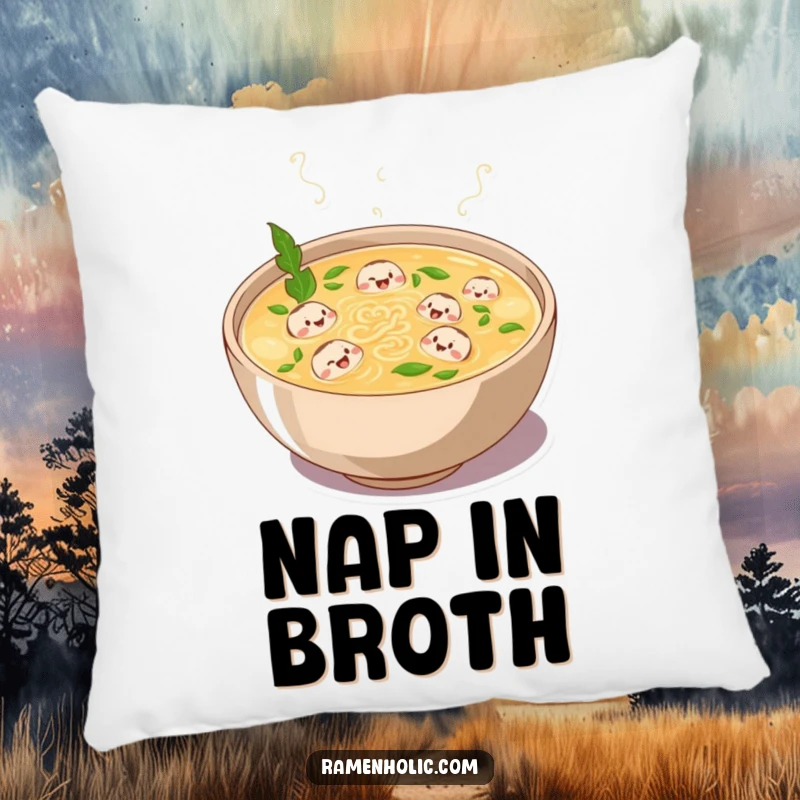 Funny pillow featuring a plump bowl of broth bubbling with laughter and tiny swimming noodle characters, providing soft cartoon comfort.