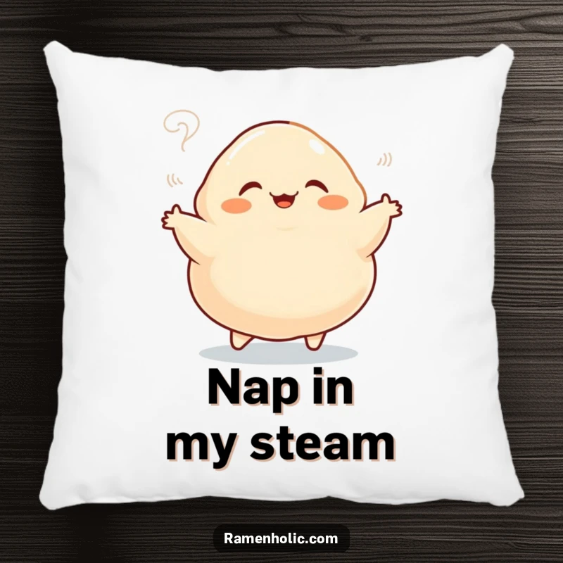 Funny pillow featuring a plump, jigging dumpling character with playful steam, offering soft cartoon comfort and a touch of humor.