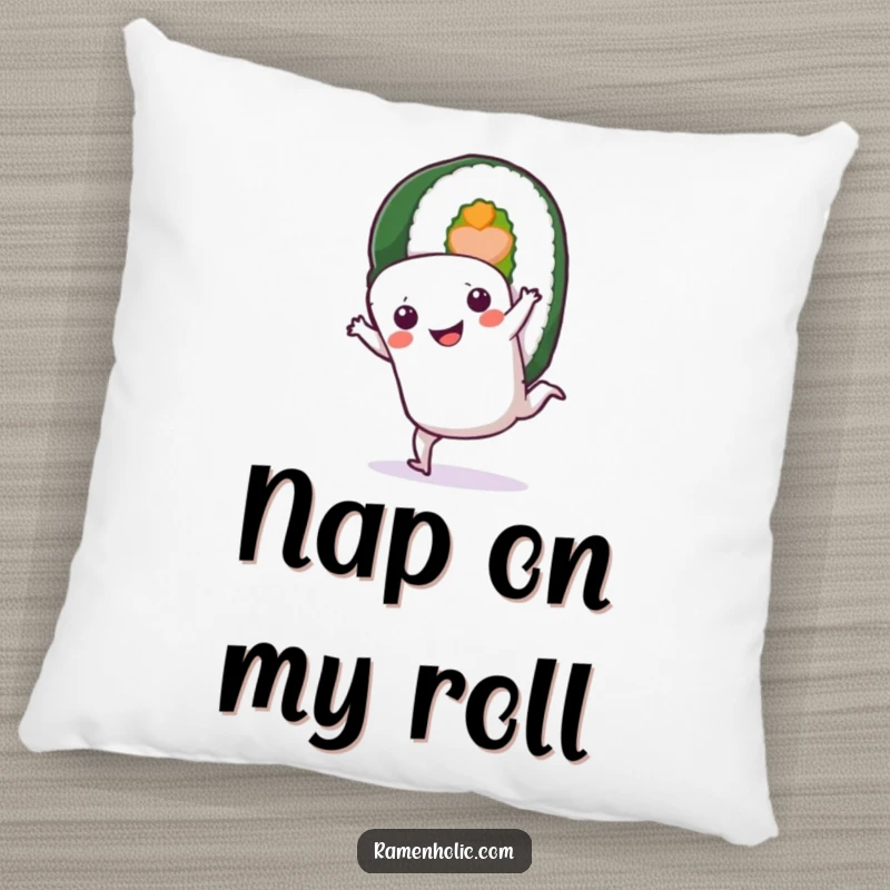 Funny Sushi Roll Pillow: A smiling sushi character doing a cartwheel, providing soft comfort and a humorous visual.