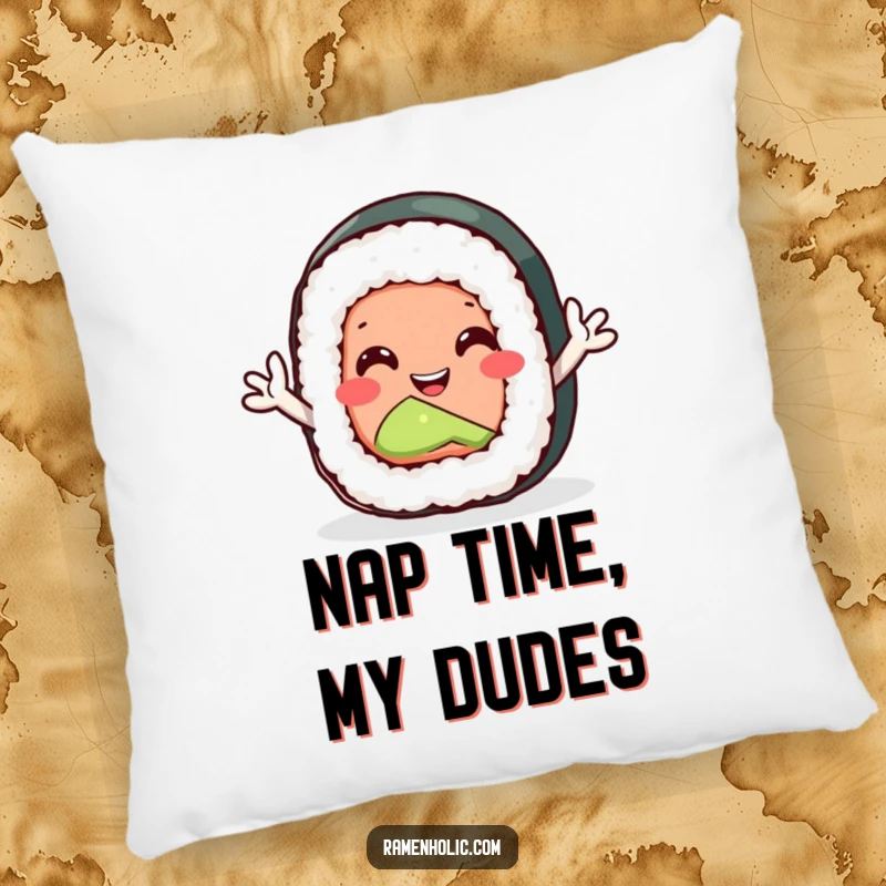 Funny sushi roll pillow with tiny arms waving enthusiastically, offering plush comfort and a cheerful vibe.