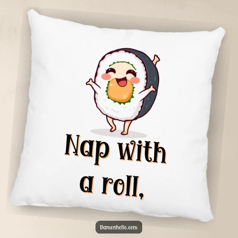 Funny sushi roll character doing a cartwheel, soft and cuddly pillow design radiating happiness, a humorous treat for relaxation.