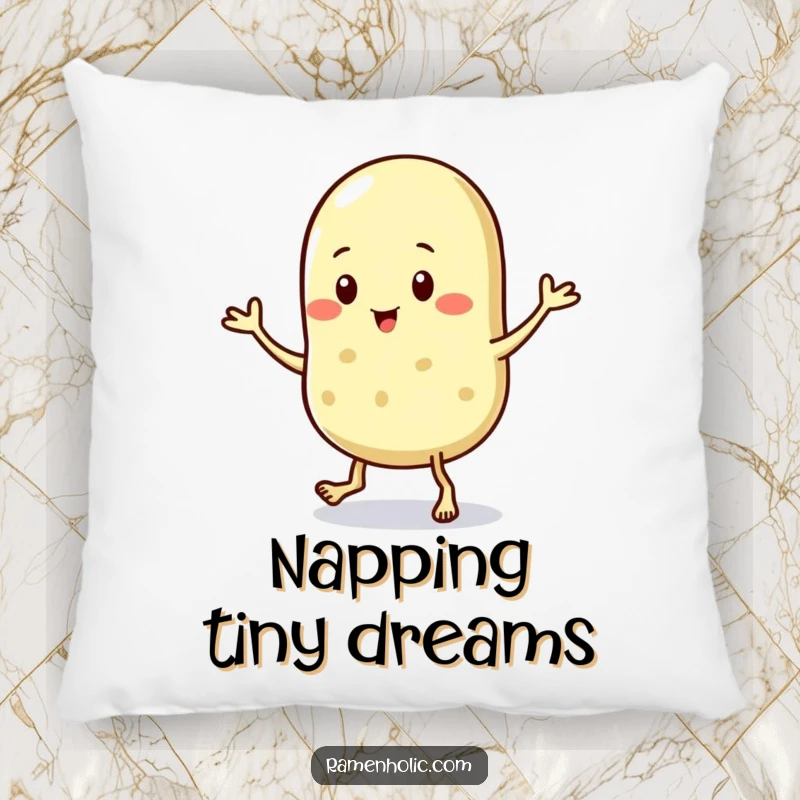 Funny pillow featuring a sesame seed character performing a joyful jig, perfect for adding a touch of cute and cozy fun.