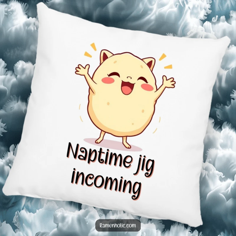Funny Gyoza Jig Pillow featuring a cute dumpling character in a joyful dance pose, perfect for adding comfort and humor.