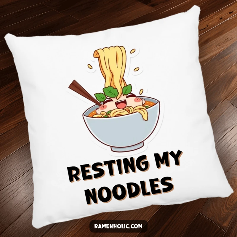Funny pillow featuring a happy ramen bowl character with splashing noodles, offering comfort and a playful culinary vibe.