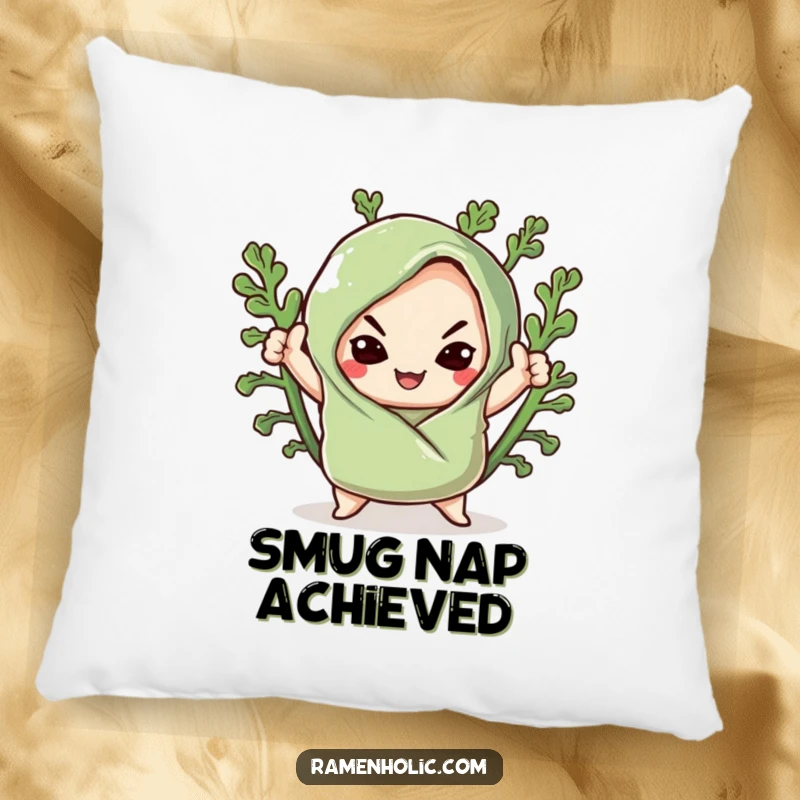 Funny pillow featuring a soft kawaii seaweed wrap striking a dramatic pose with a smug smile, adding comfort and sass.
