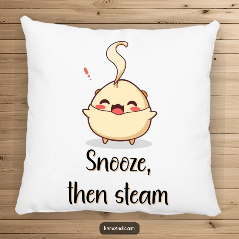 Funny surprised gyoza pillow, a soft cushion featuring a character with steam, perfect for adding humor and comfort.
