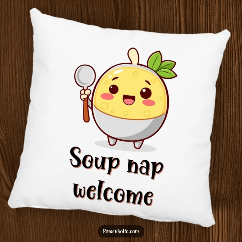 Funny cheerful broth character waving hello with a ladle on a soft pillow, offering comfort and a cheerful design.