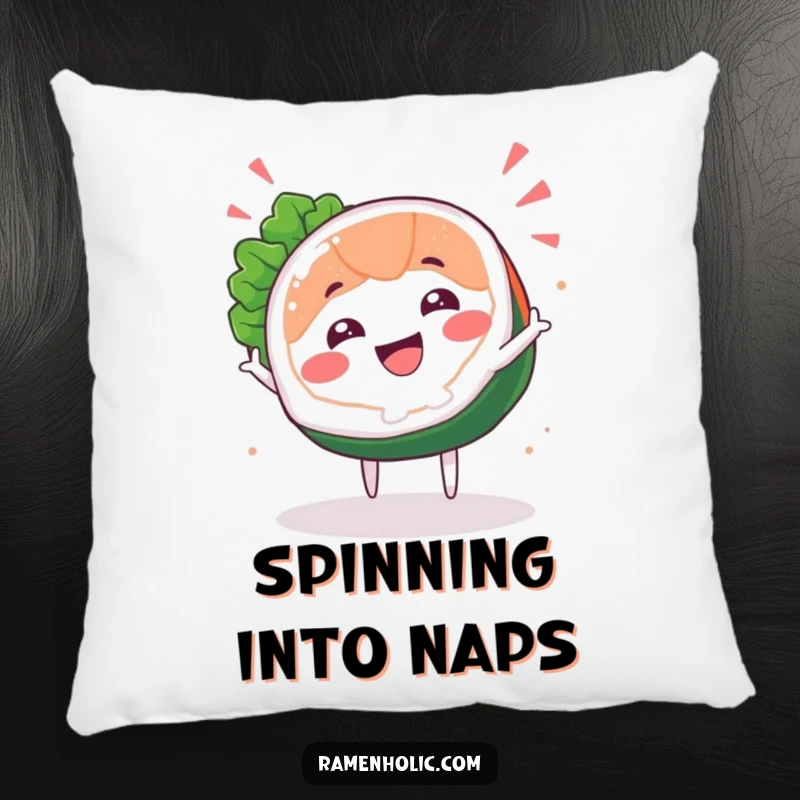 Funny Sashimi Spin Pillow featuring a cute sashimi slice character joyfully spinning, perfect for adding softness and humor.