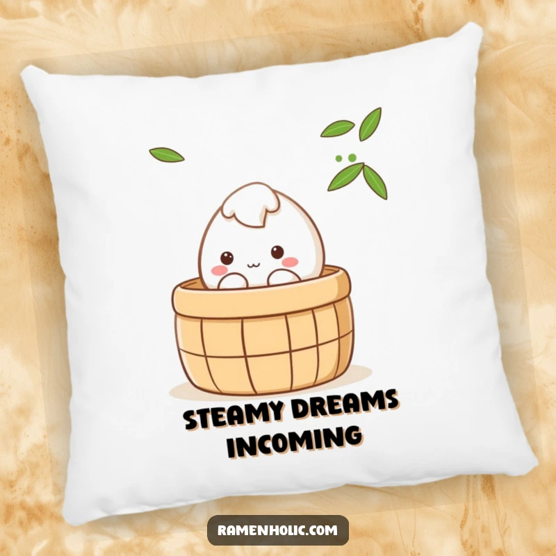 Funny shy mochi character peeking from a steaming bamboo steamer, cute kawaii pillow, soft and humorous gift for bao lovers.