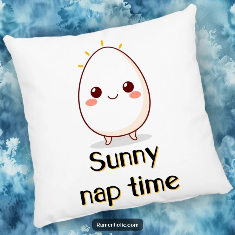 Funny pillow featuring a cute egg character with a sunny side up smile, offering comfort and a cheerful breakfast accent.